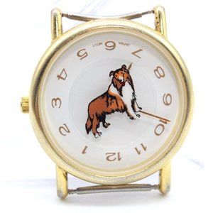 Vintage Sheltie Dog Watch Womens Gold Tone Stainless Steel Classic White Dial